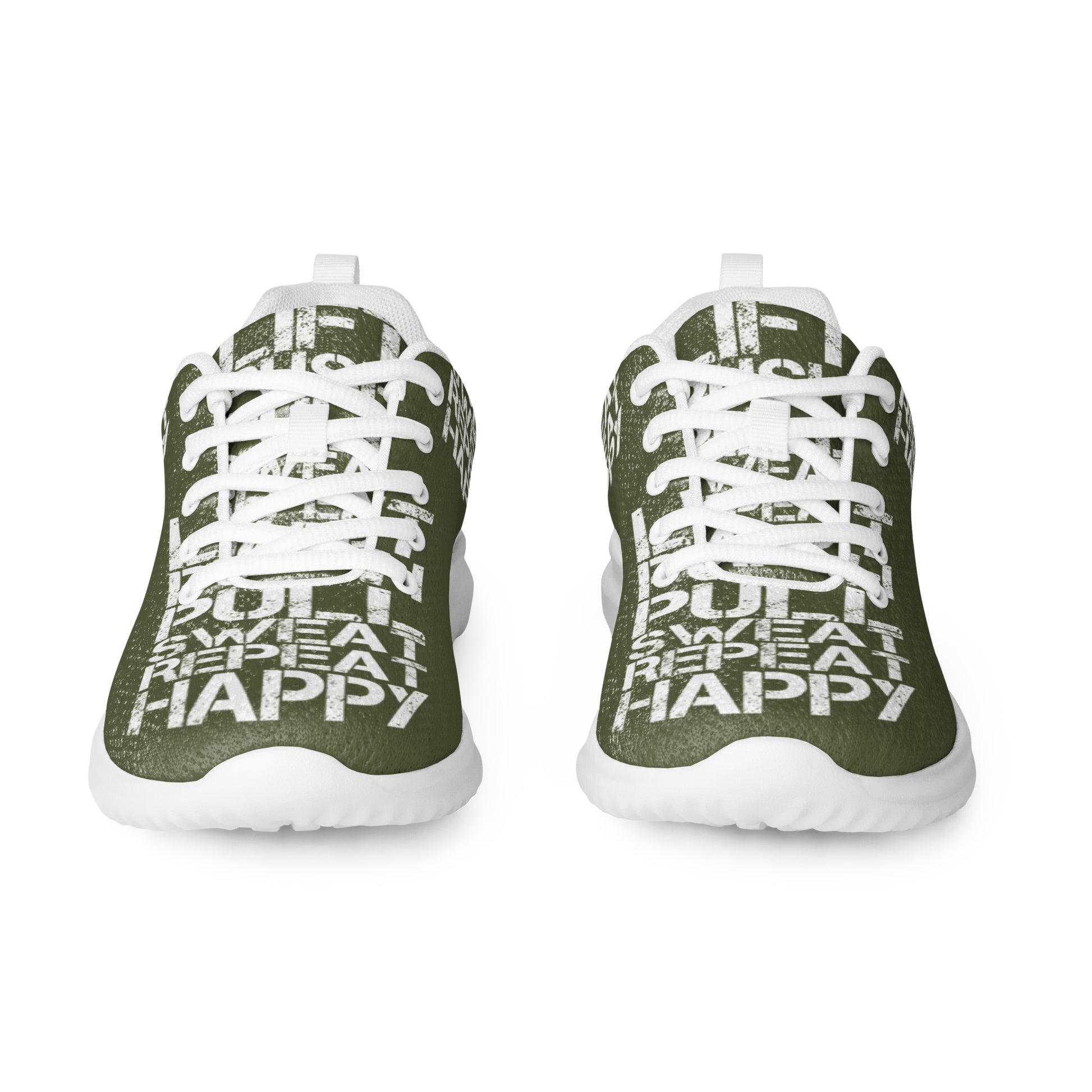 Khaki green sneakers sleek front view rubber tread detail white lift push pull sweat repeat happy distress print lace up womens athletic shoes