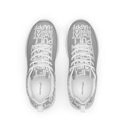 Grey sneakers top view womens athletic shoes padded collar soft insole label showing white lift push pull sweat repeat happy distress print