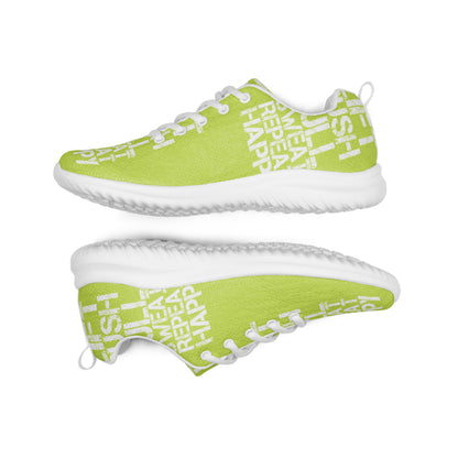 Lightweight green sneakers flip view grip treads padded collar lace up lift push pull sweat repeat happy distress print womens athletic shoes