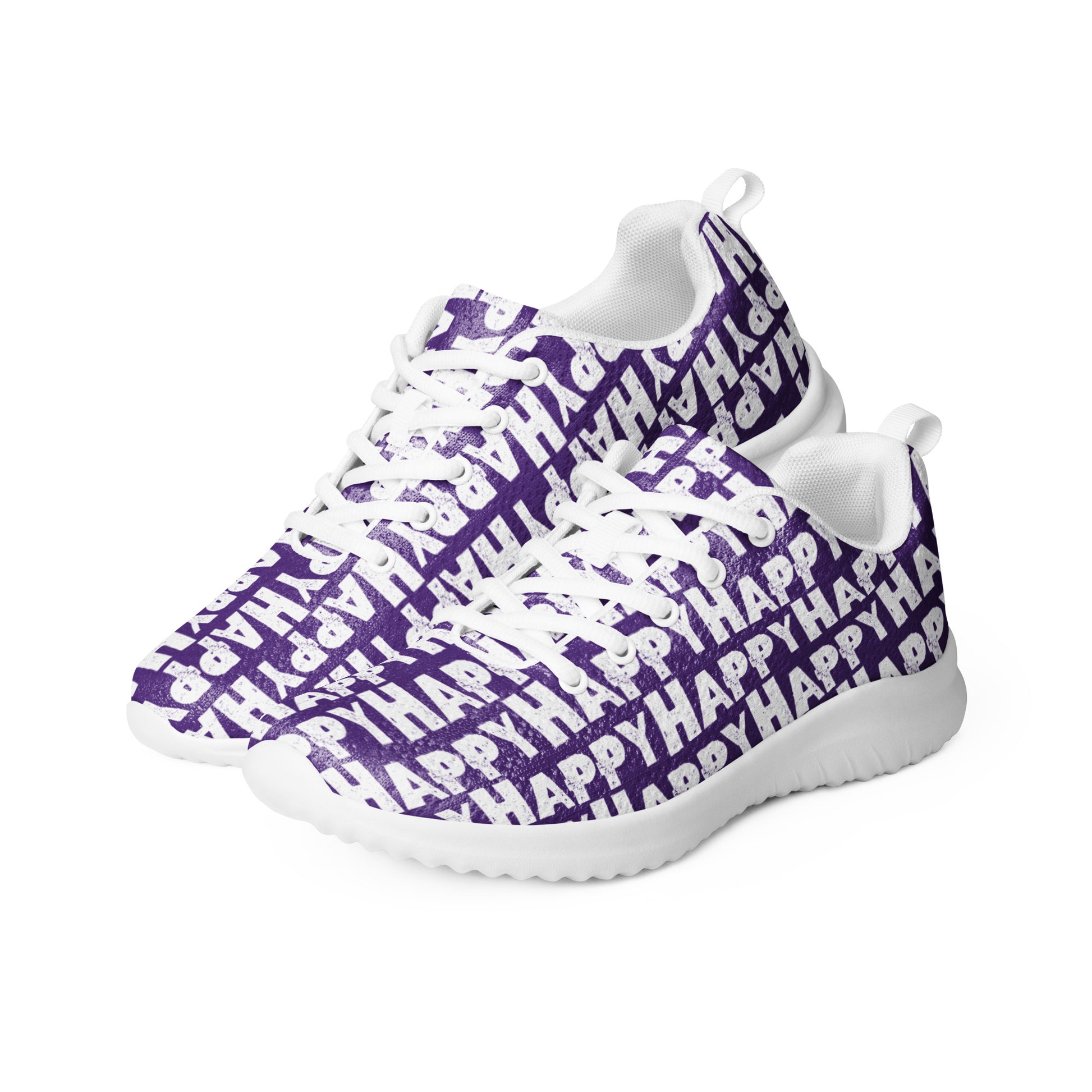 HappyStuff ultralight purple sneakers padded collar pull tabs lace up Happy Sponge Print womens athletic shoes side by side