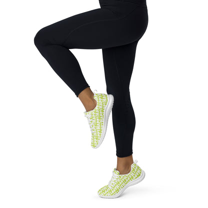 Happy Sponge Print lightweight green sneakers HappyStuff brand athletic shoes worn by a woman in tights prancing away to the left