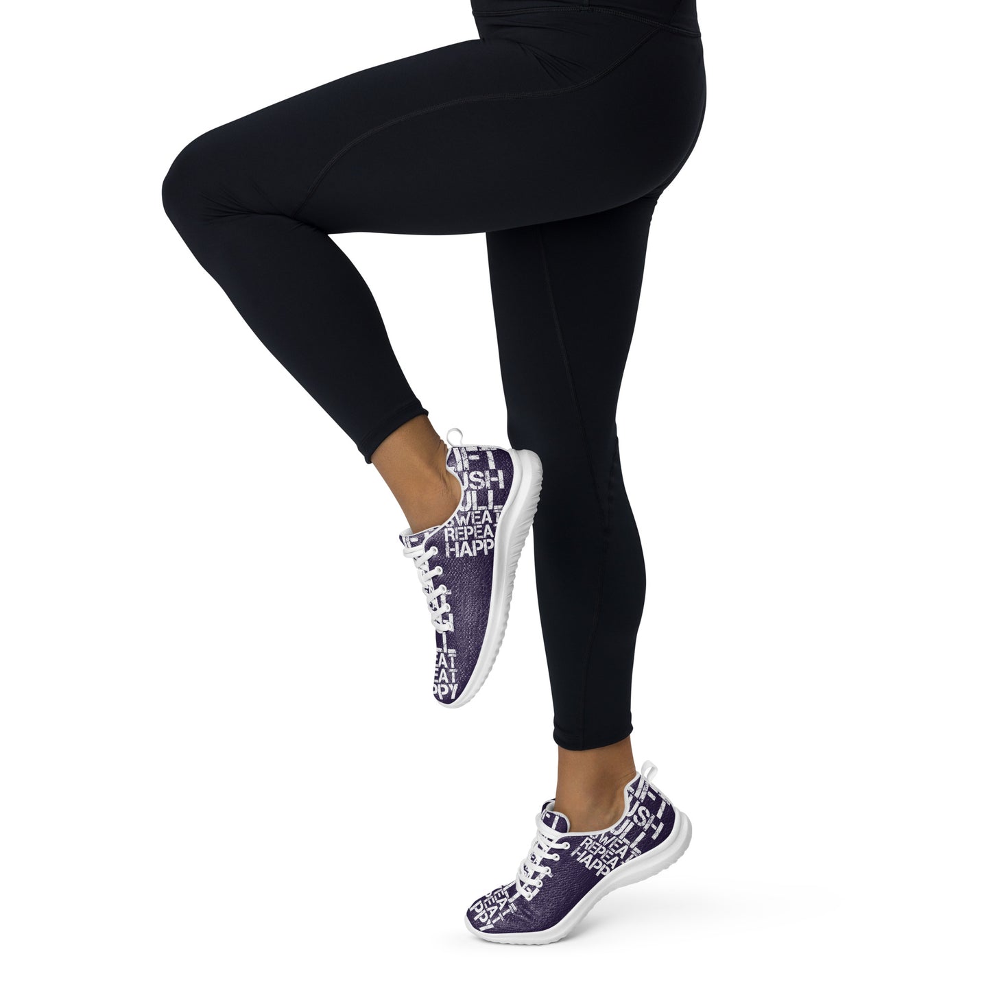 Lightweight dark purple sneakers athletic shoes woman in tights prancing away to the left white lift push pull sweat repeat happy distress print