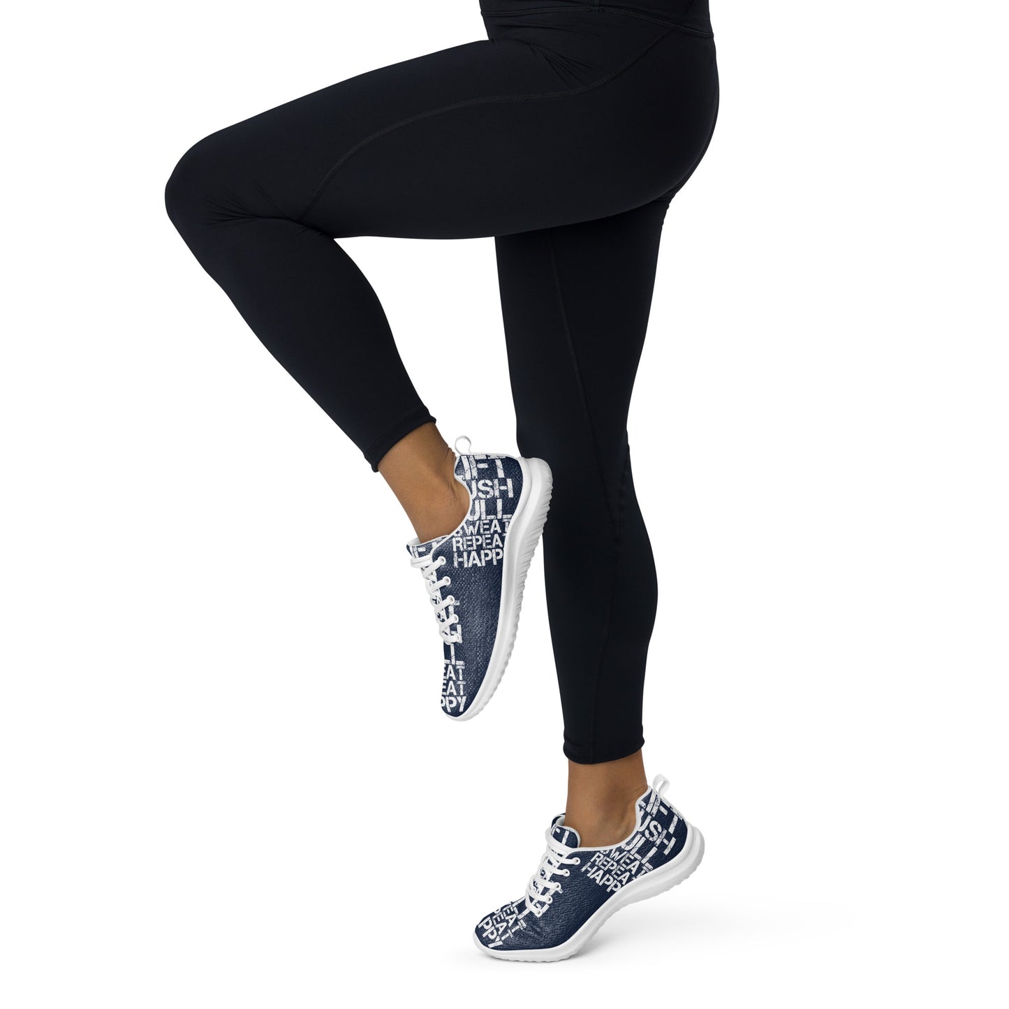 Lightweight navy blue sneakers athletic shoes woman in tights prancing away to the left white lift push pull sweat repeat happy distress print