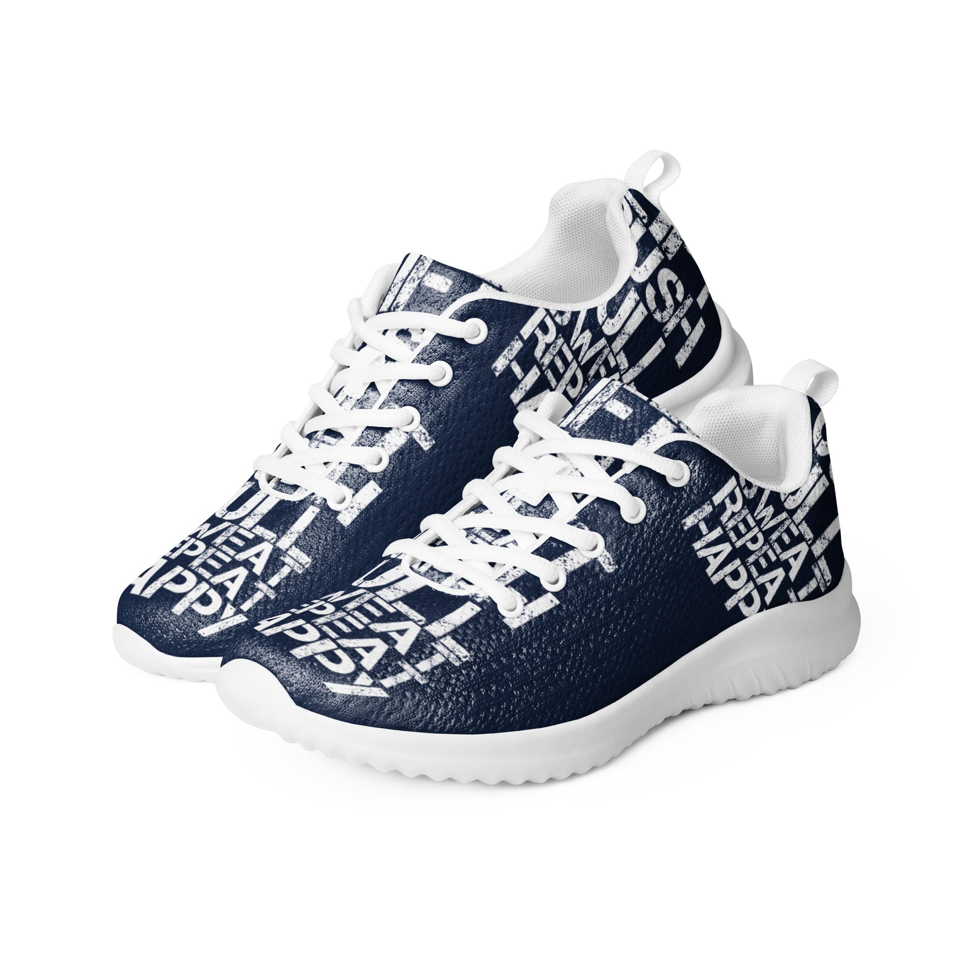 Womens athletic shoes side by side ultralight flyknit navy blue sneakers white lift push pull sweat repeat happy distress print HappyStuff brand