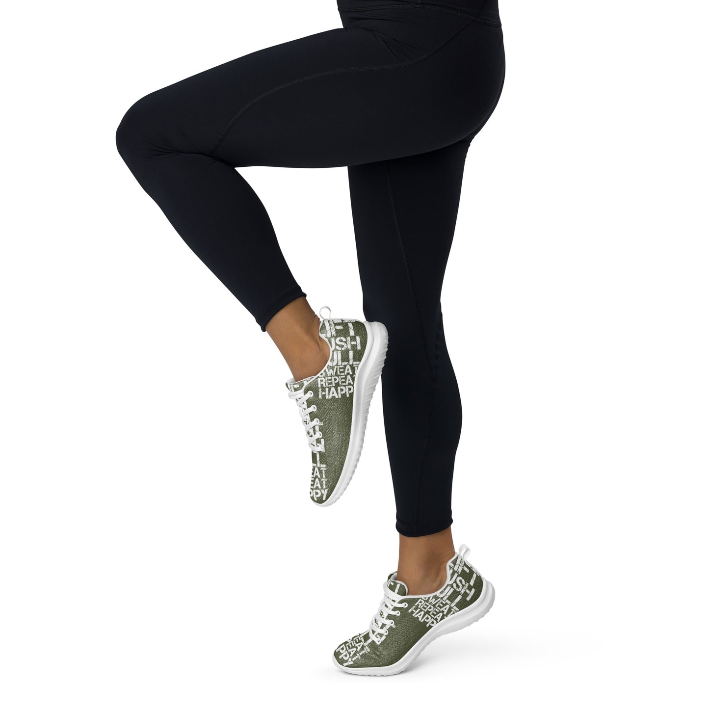 Lightweight khaki green sneakers athletic shoes woman in tights prancing away to the left white lift push pull sweat repeat happy distress print