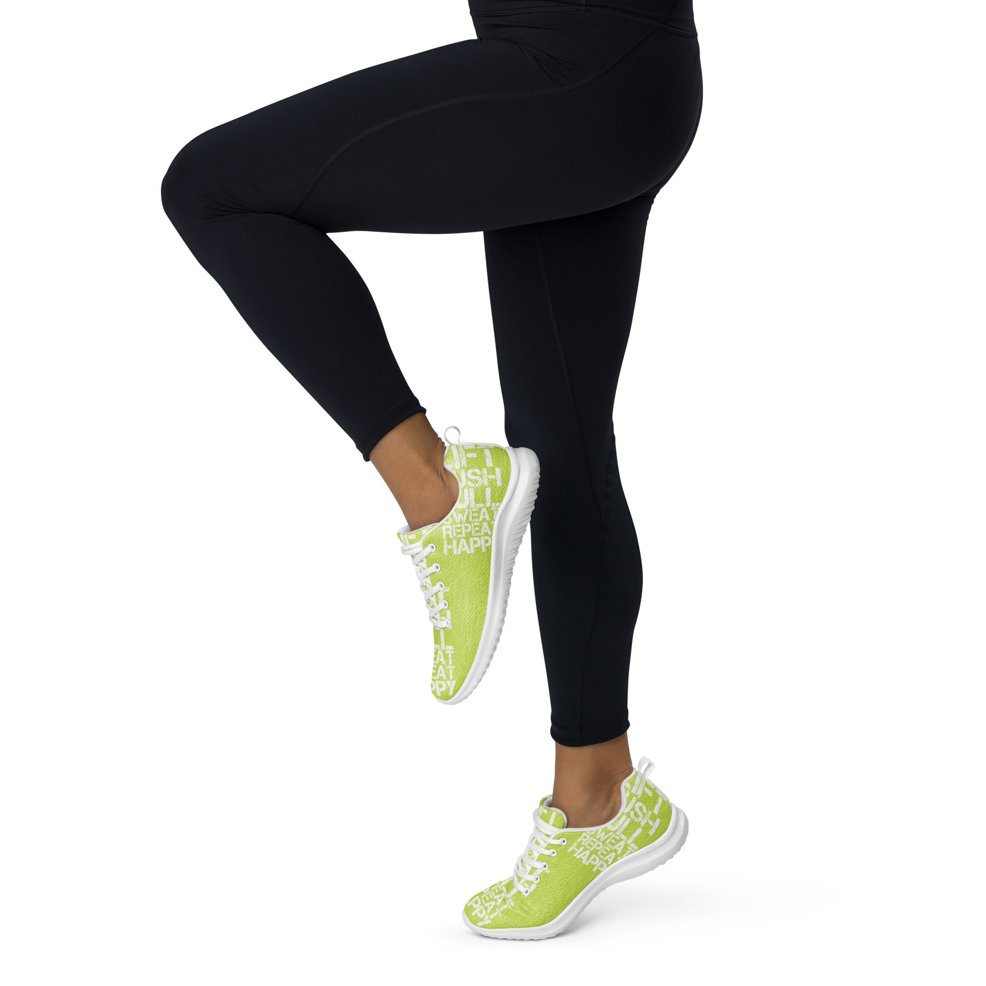 Lightweight green sneakers athletic shoes woman in tights prancing away to the left white lift push pull sweat repeat happy distress print