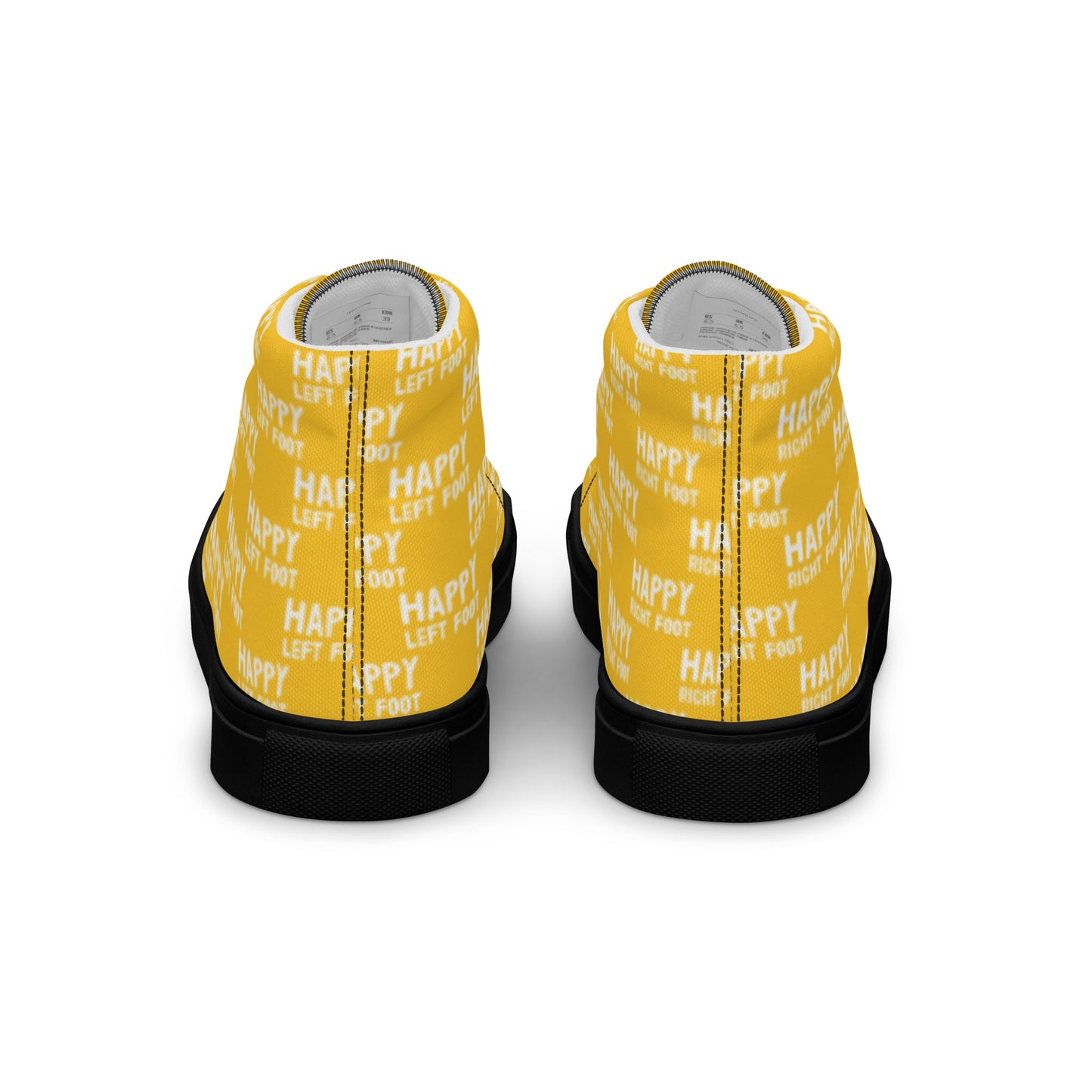 Fun shoes back view Happy Left Foot Happy Right Foot Pattern Print each on relevant shoe HappyStuff yellow high tops black sole womens sneakers