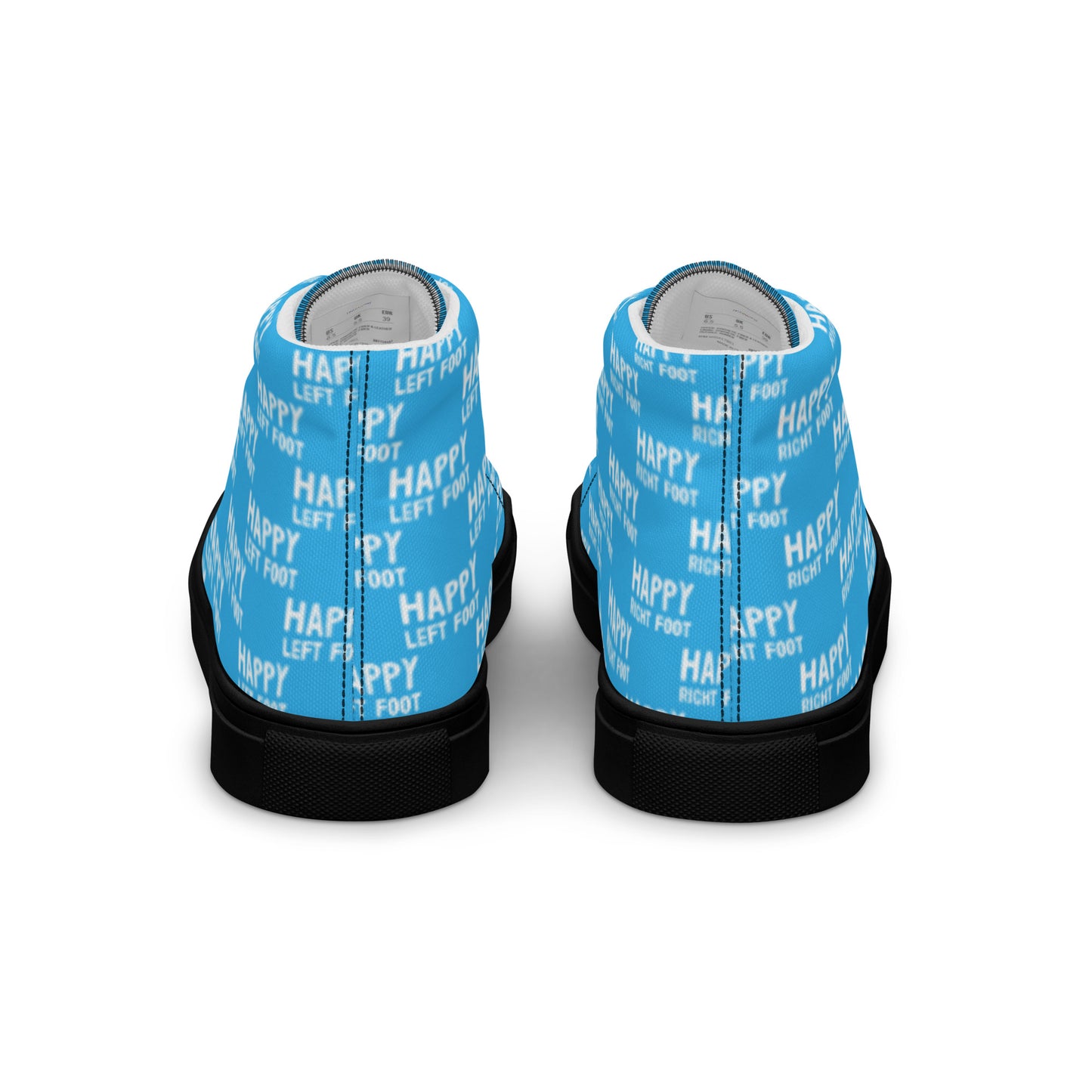 Fun shoes back view Happy Left Foot Happy Right Foot Pattern Print each on relevant shoe HappyStuff blue high tops womens sneakers black sole