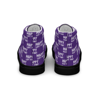 Fun shoes back view Happy Left Foot Happy Right Foot Pattern Print each on relevant shoe HappyStuff purple high tops black sole womens sneakers