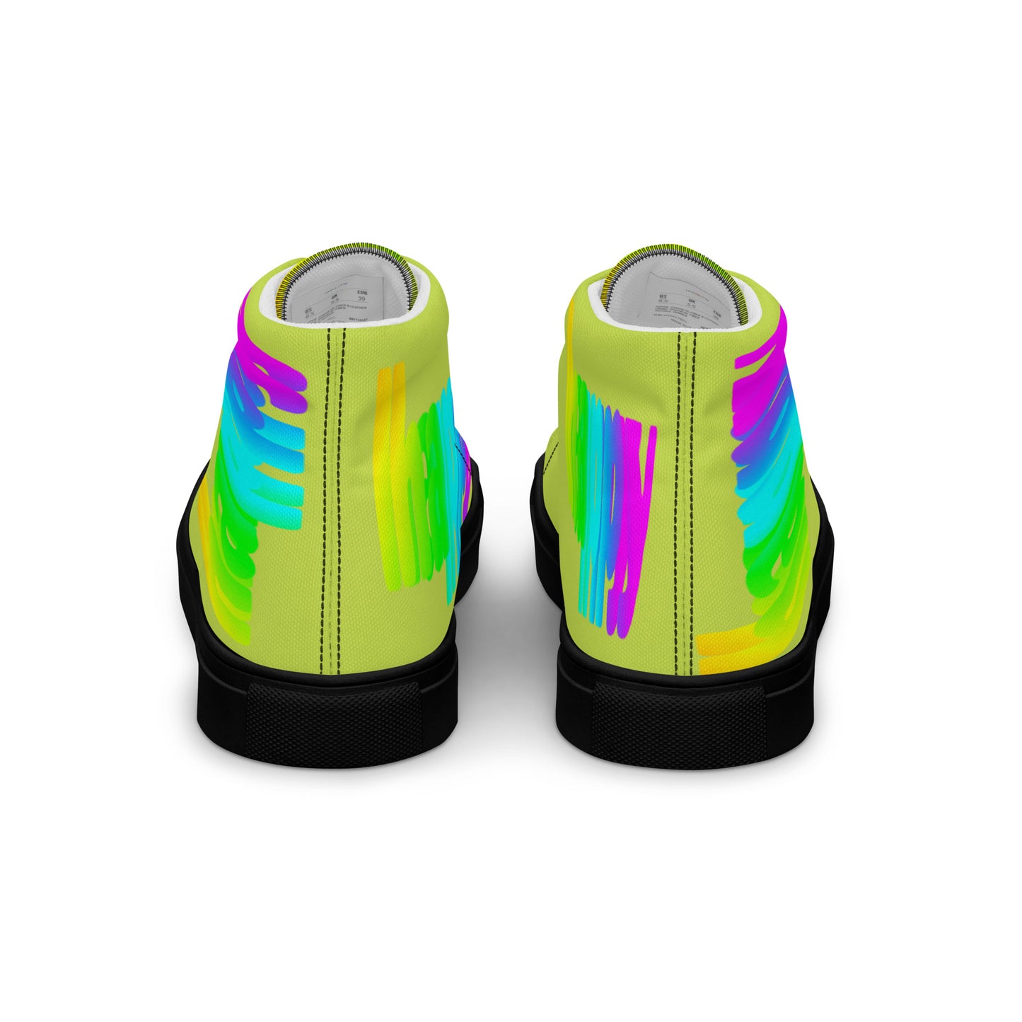 Rainbow shoes womens sneakers back view green high tops black sole Happy Rainbow Painted bright colour spectrum print HappyStuff Fun shoes