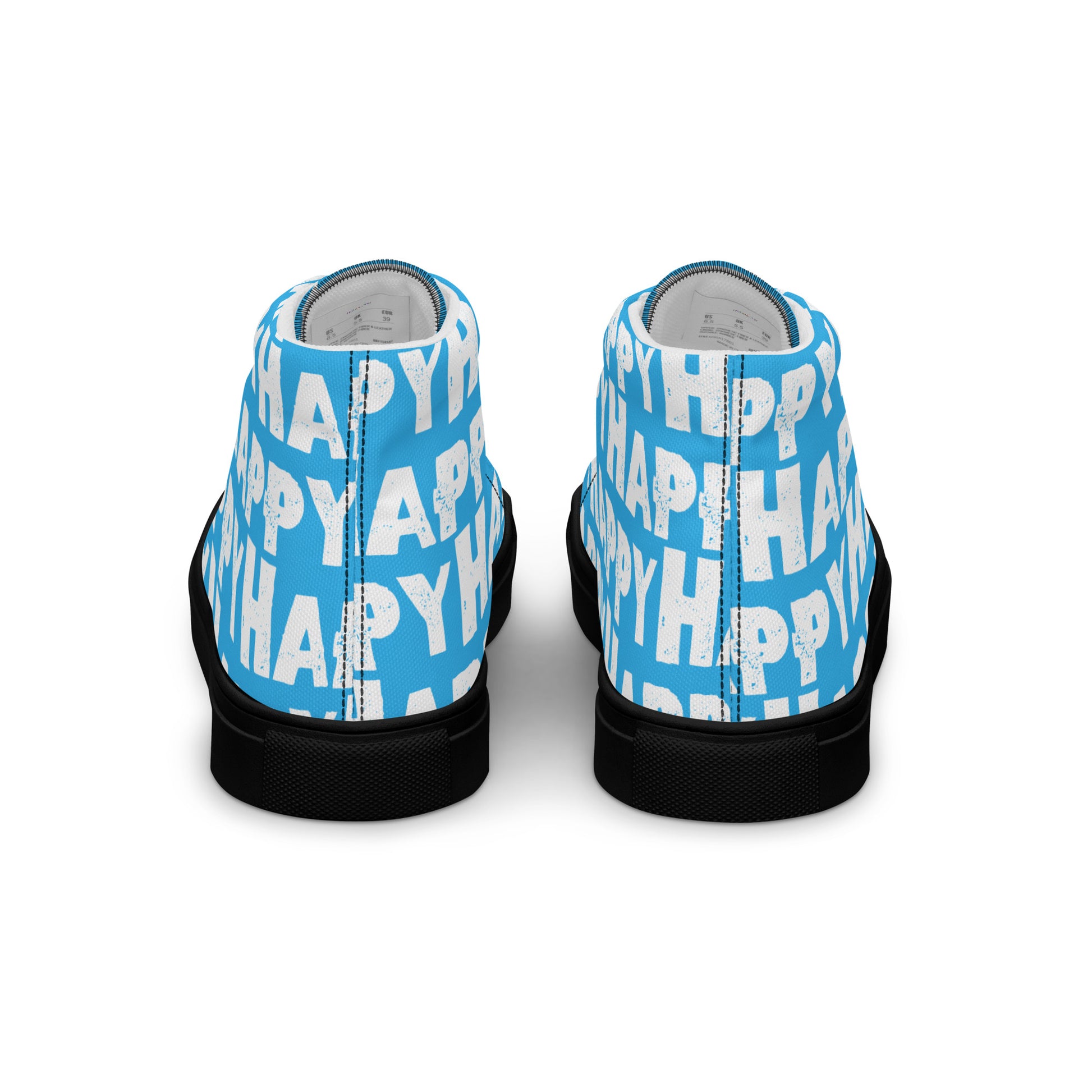 Rear view Fun Shoes Womens Sneakers blue shoes with white Happy Sponge Print High Tops black sole HappyStuff brand