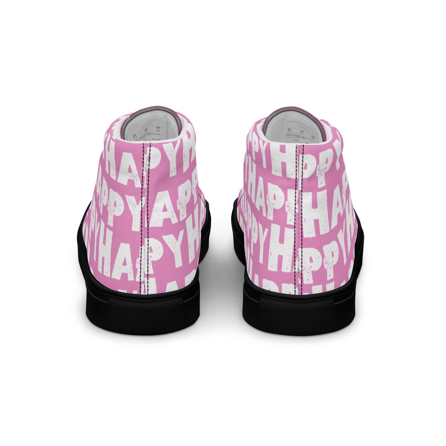 Rear view Fun Shoes Womens Sneakers pink shoes with white Happy Sponge Print High Tops black sole HappyStuff brand