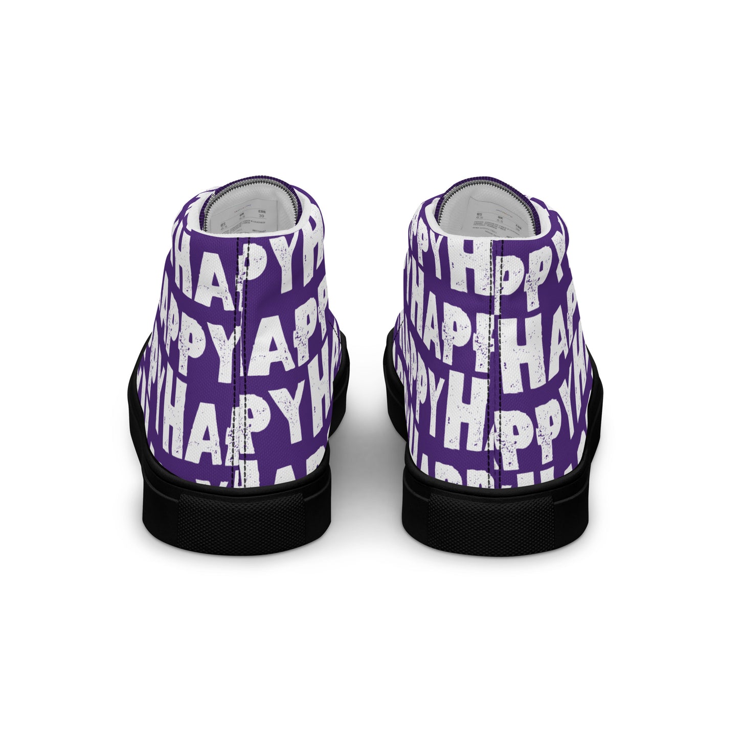 Rear view Fun Shoes Womens Sneakers purple shoes with white Happy Sponge Print High Tops black sole HappyStuff brand