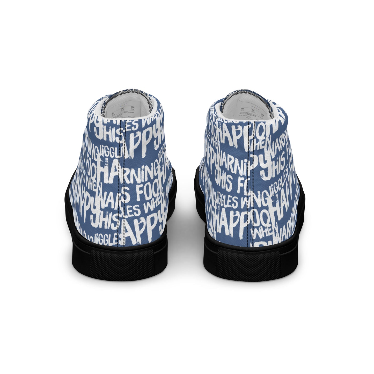 Women's High Tops "Warning This Foot Jiggles When Happy" Painted All Over Canvas Denim Blue Sneakers Black Sole