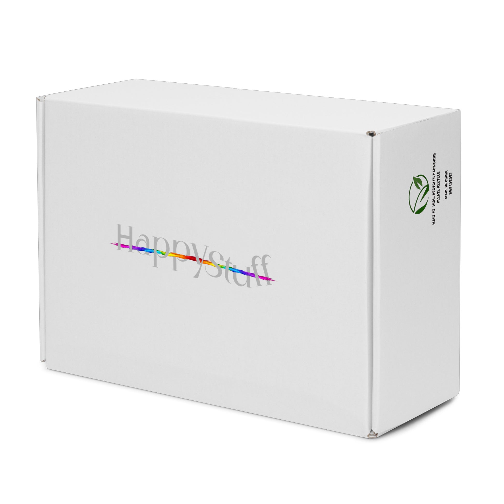 HappyStuff branded eco-friendly sneaker box featuring 100% recycled packaging stamp and rainbow detailed HappyStuff logo