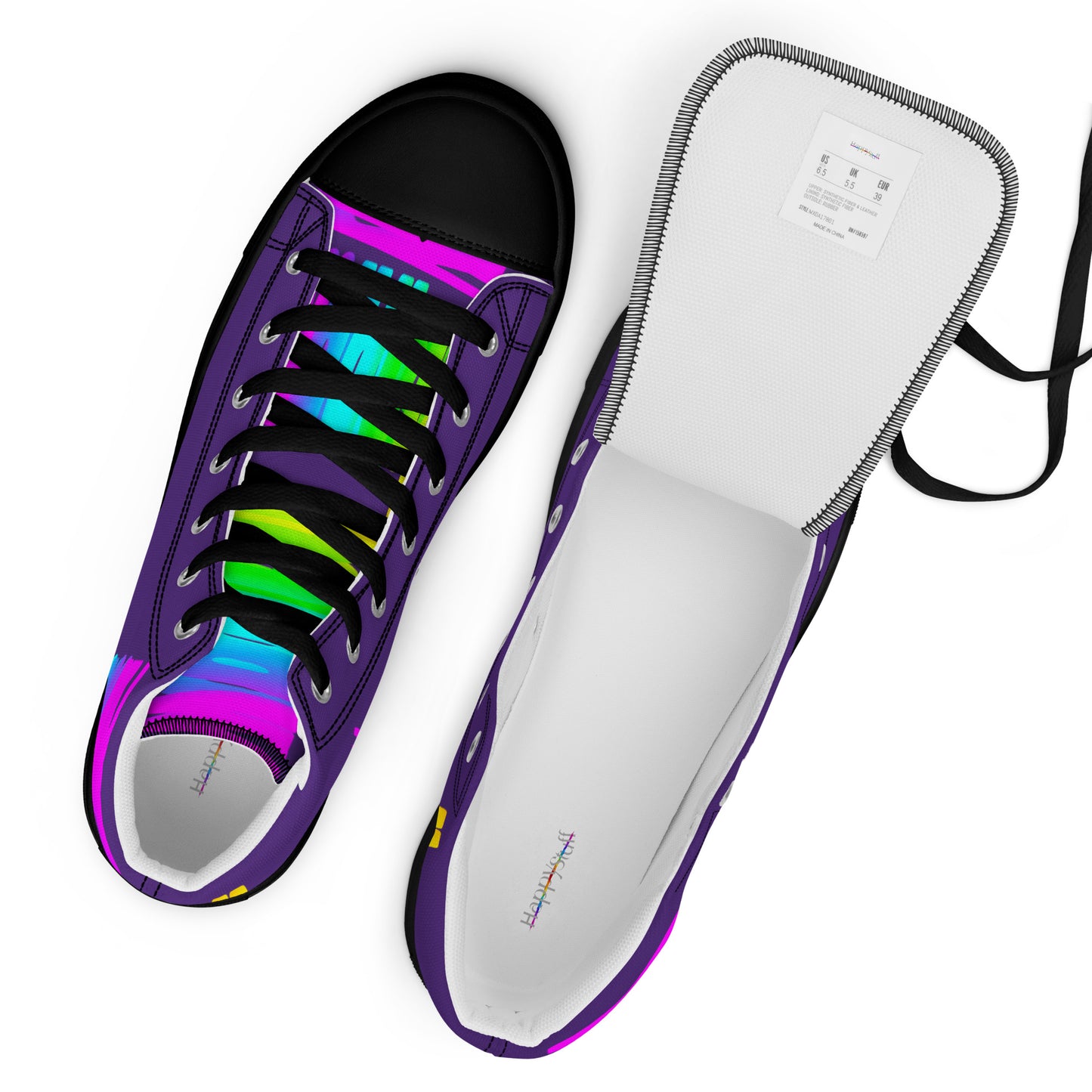 Rainbow shoes womens sneakers top view label black laces purple high tops black sole Happy Rainbow Painted bright colour spectrum print HappyStuff