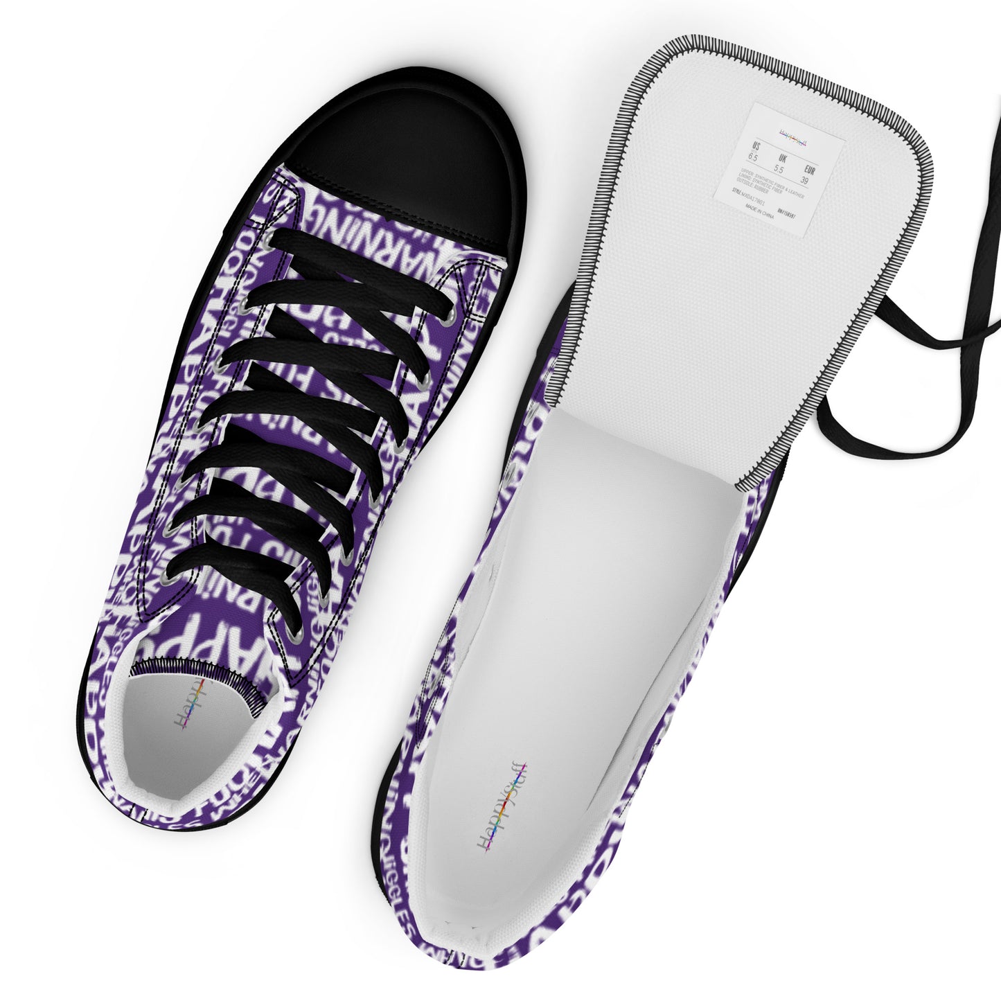 Top view womens sneakers and label HappyStuff purple high tops with playful white print Warning This Foot Jiggles When Happy black sole