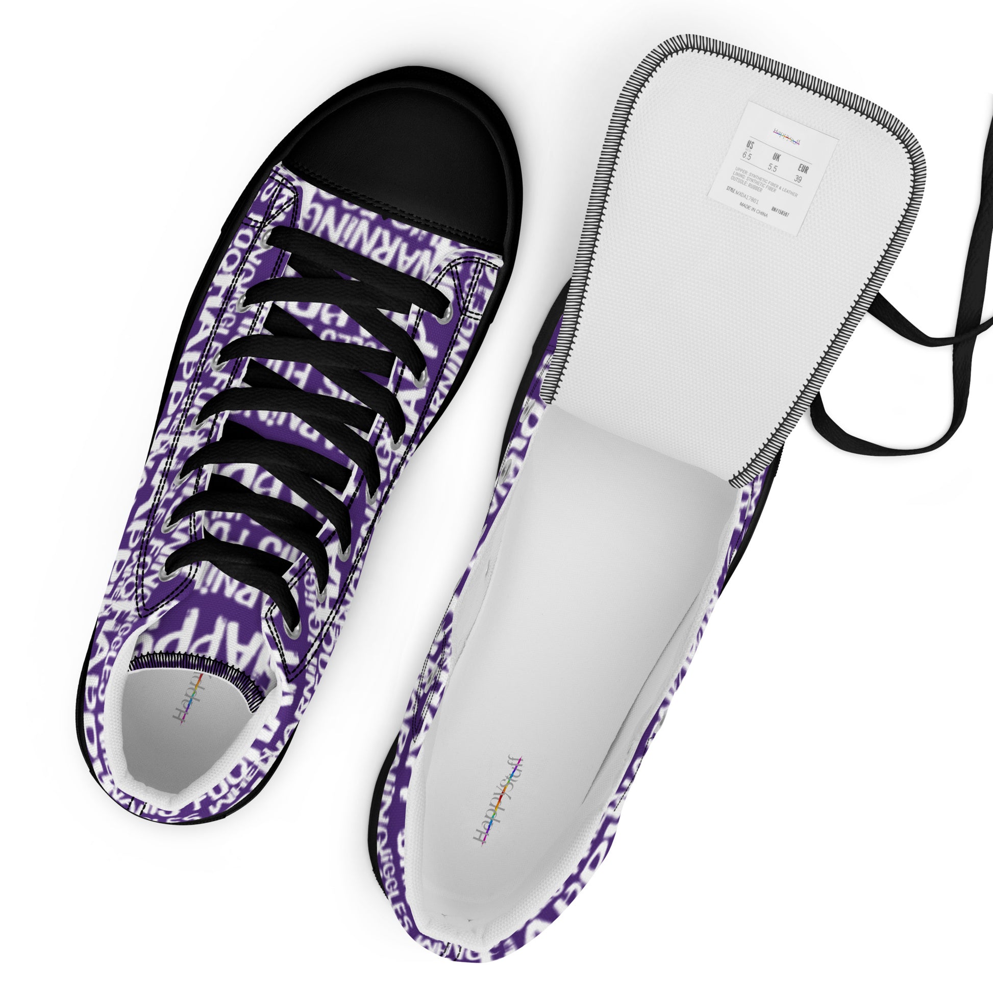 Top view womens sneakers and label HappyStuff purple high tops with playful white print Warning This Foot Jiggles When Happy black sole