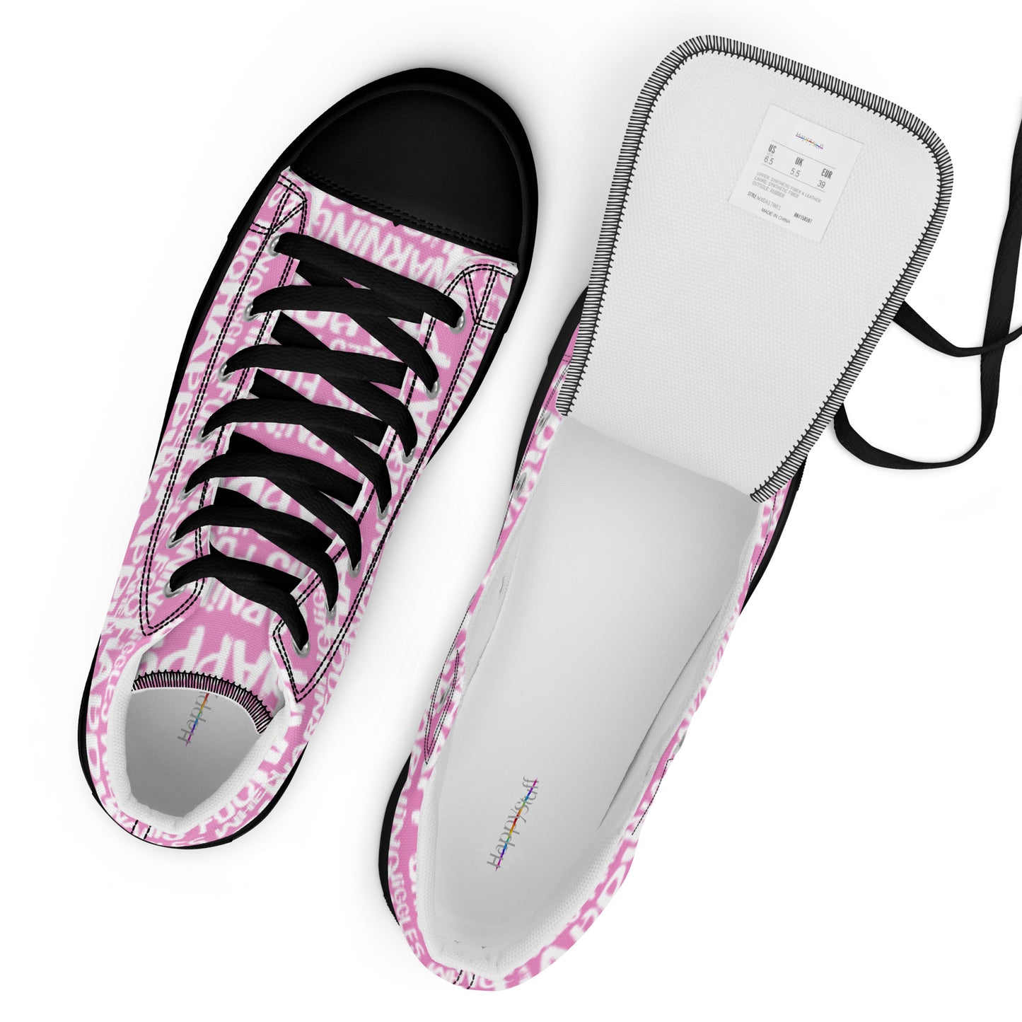 Top view womens sneakers and label HappyStuff pink high tops with playful white print Warning This Foot Jiggles When Happy black sole