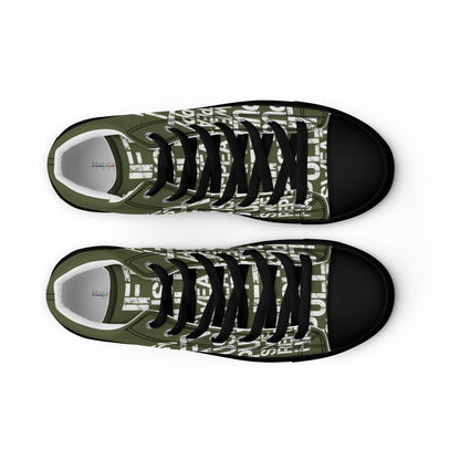 Womens khaki green high tops top view black faux leather toe cap laced lift push pull sweat repeat happy distress print gym shoe black sole HappyStuff brand