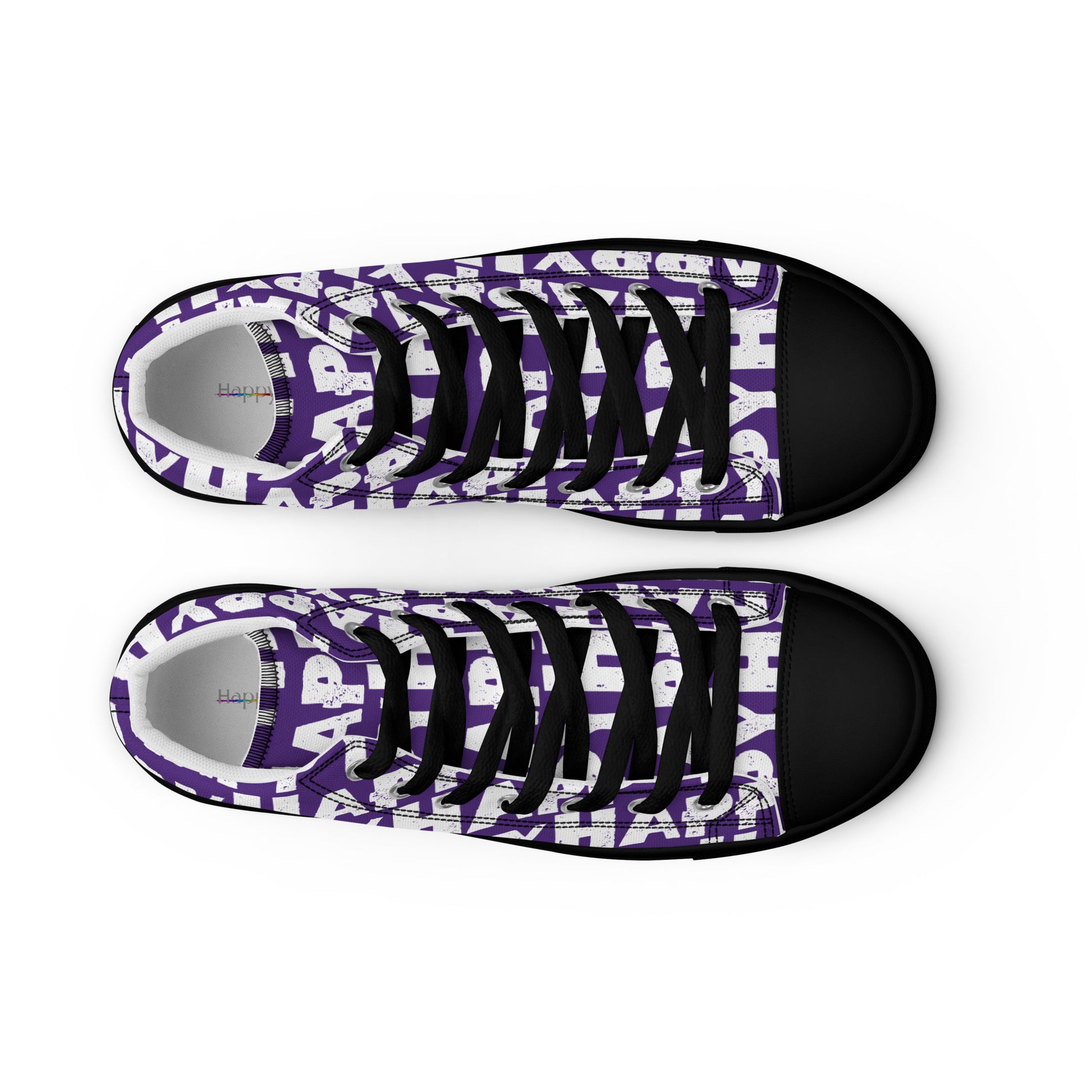 Top view Womens Sneakers purple shoes with white Happy Sponge Print High Tops black sole black Faux Leather toe cap Fun Shoes HappyStuff brand