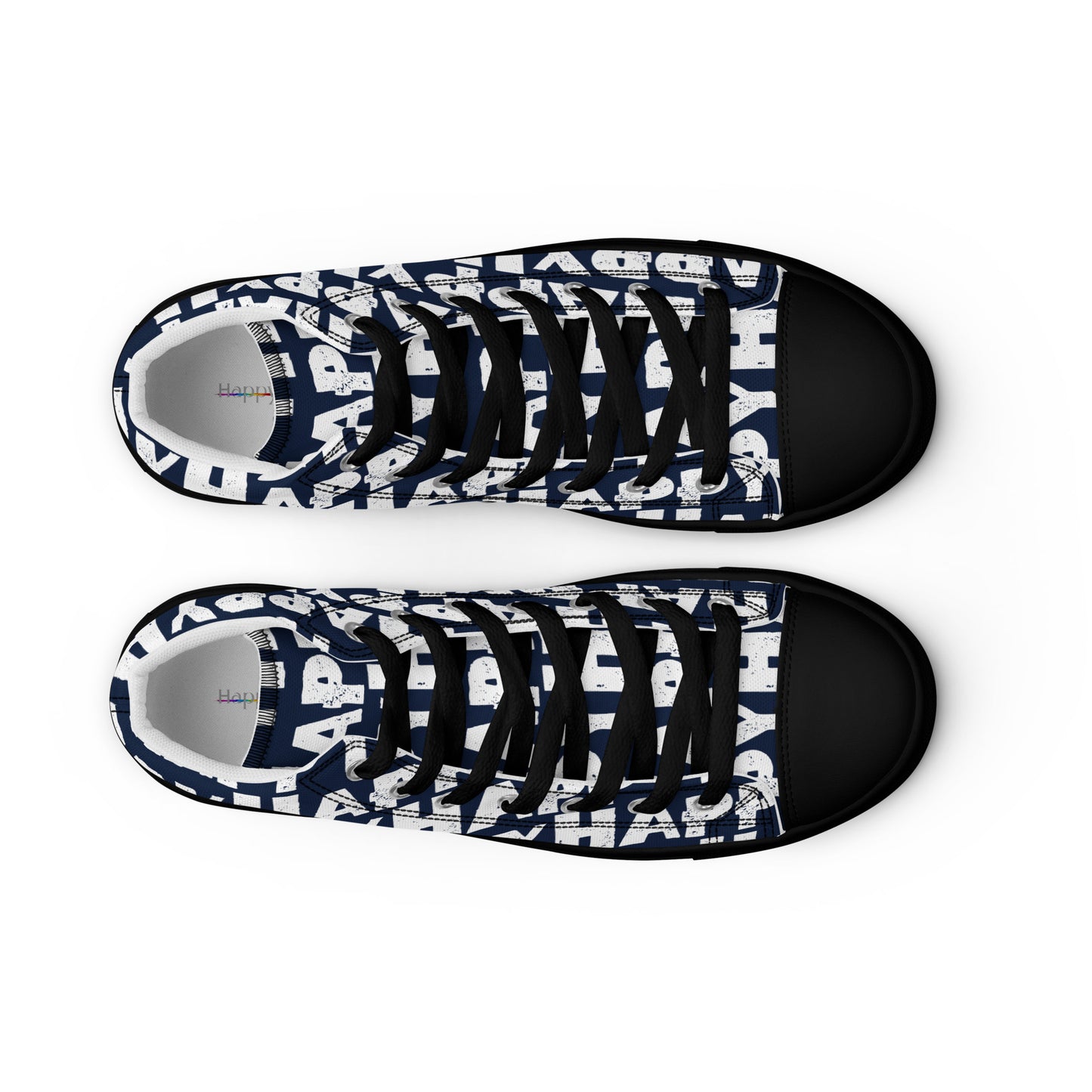 Top view Womens Sneakers navy blue shoes with white Happy Sponge Print High Tops black sole black Faux Leather toe cap Fun Shoes HappyStuff brand