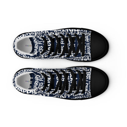 Women's High Tops "Warning This Foot Jiggles When Happy" Painted All Over Canvas Navy Blue Sneakers Black Sole