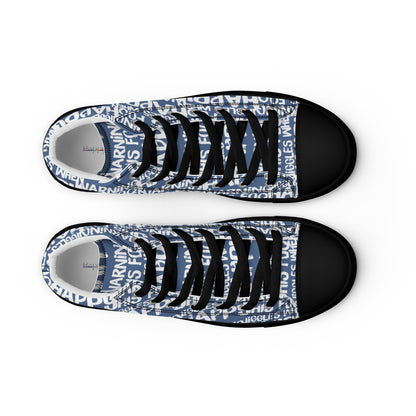 Women's High Tops "Warning This Foot Jiggles When Happy" Painted All Over Canvas Denim Blue Sneakers Black Sole