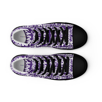 HappyStuff womens purple high tops with playful white print Warning This Foot Jiggles When Happy top view laces faux leather toe cap black sole