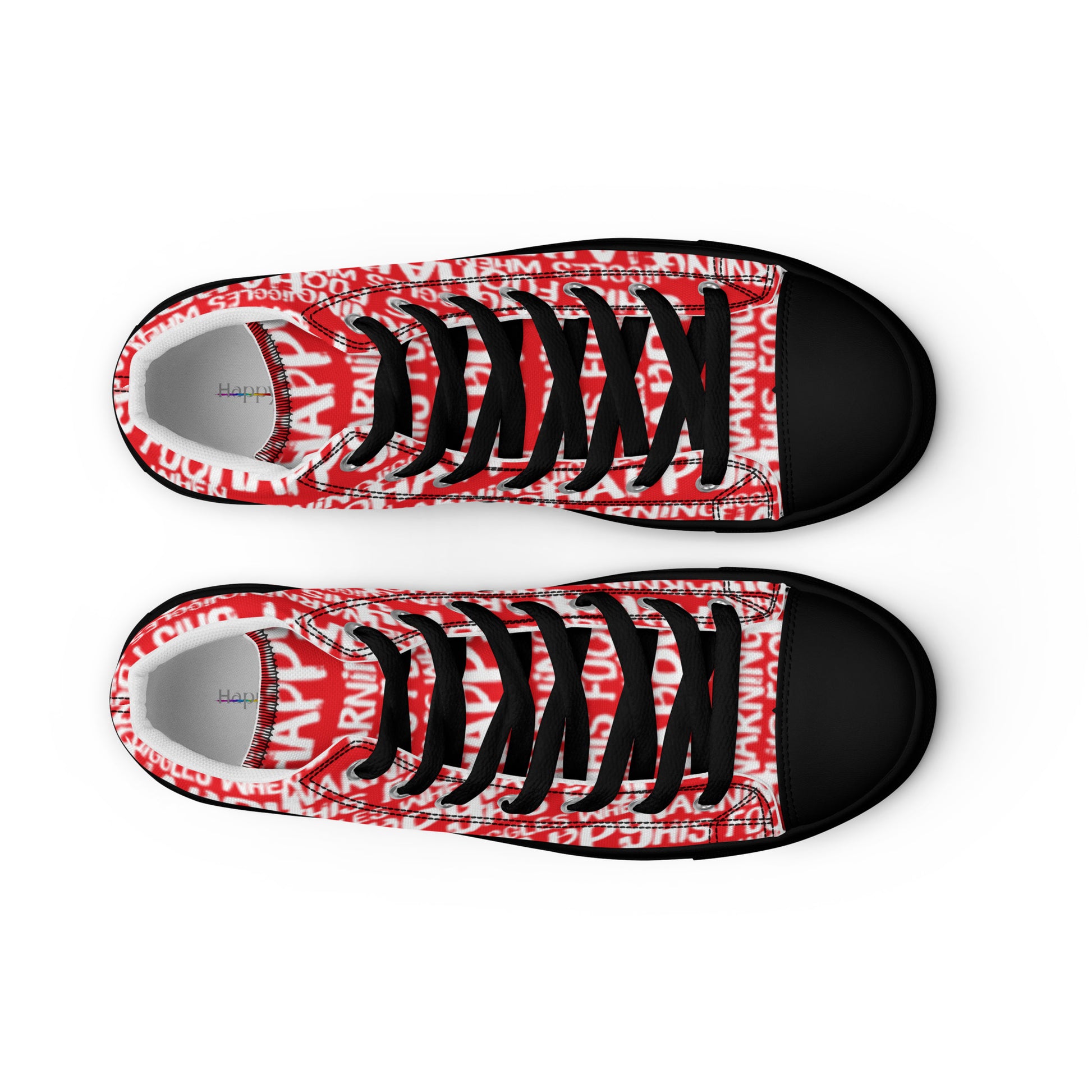 HappyStuff womens red high tops with playful white print Warning This Foot Jiggles When Happy top view laces faux leather toe cap black sole