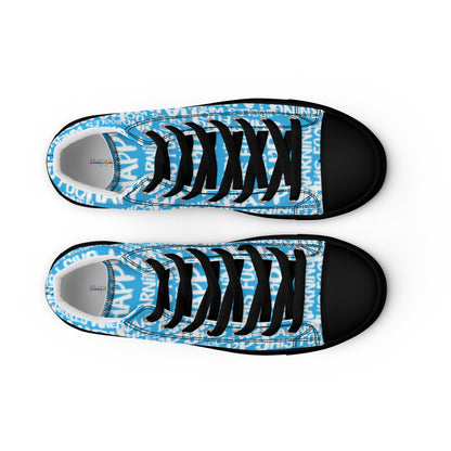 HappyStuff womens blue high tops with playful white print Warning This Foot Jiggles When Happy top view laces faux leather toe cap black sole