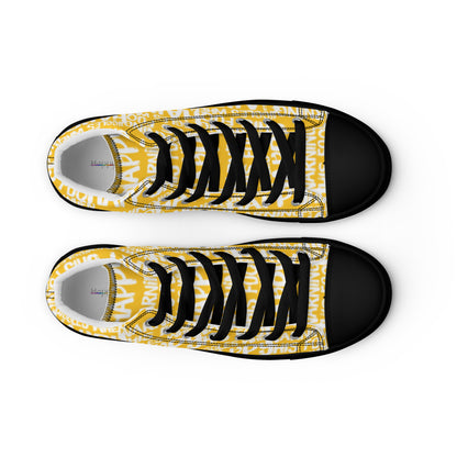 HappyStuff womens yellow high tops with playful white print Warning This Foot Jiggles When Happy top view laces faux leather toe cap black sole