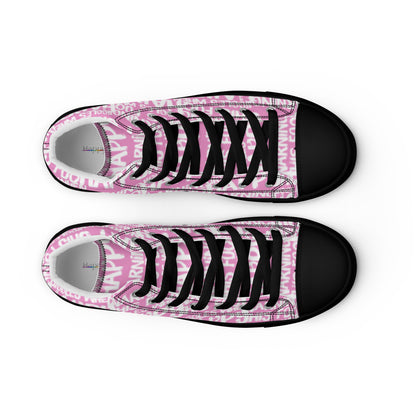 HappyStuff womens pink high tops with playful white print Warning This Foot Jiggles When Happy top view laces faux leather toe cap black sole