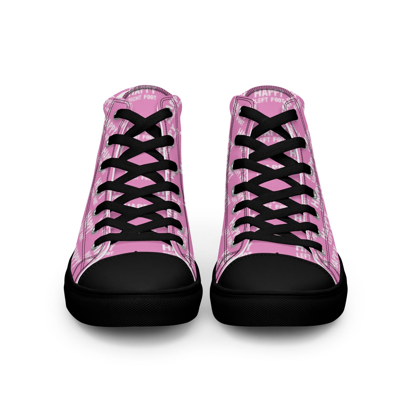 Front view laced up womens sneakers HappyStuff pink high tops black sole Happy Left Foot Happy Right Foot Pattern Print each on relevant shoe