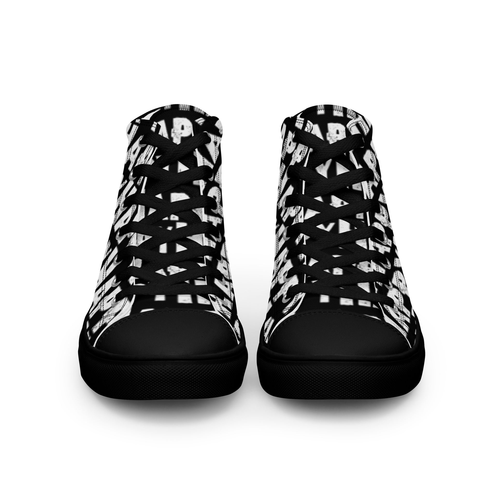 Front view Womens Sneakers black shoes white Happy Sponge Print High Tops black Rubber outsole black Faux Leather toe cap HappyStuff brand