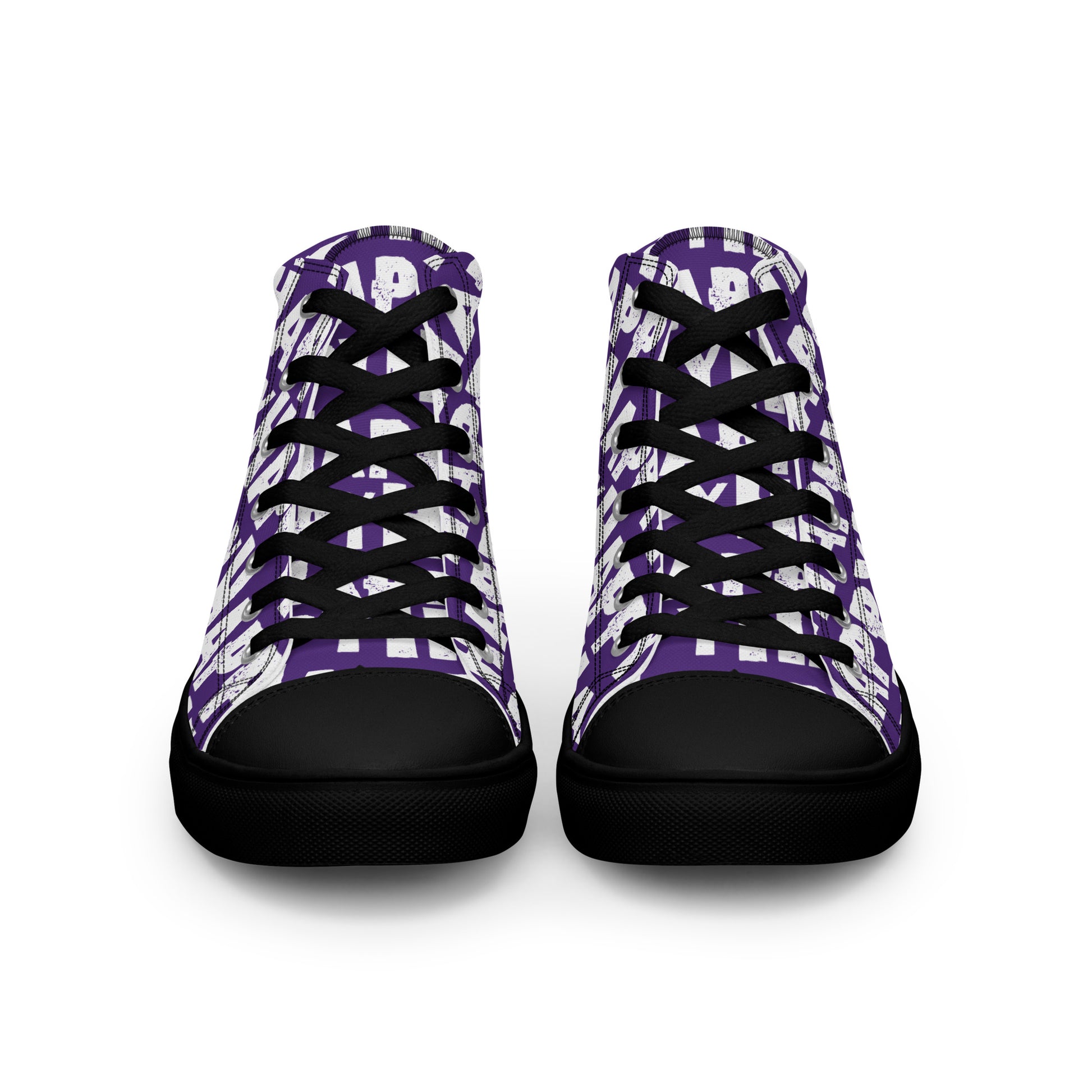 Front view Womens Sneakers purple shoes white Happy Sponge Print High Tops black Rubber outsole black Faux Leather toe cap HappyStuff brand