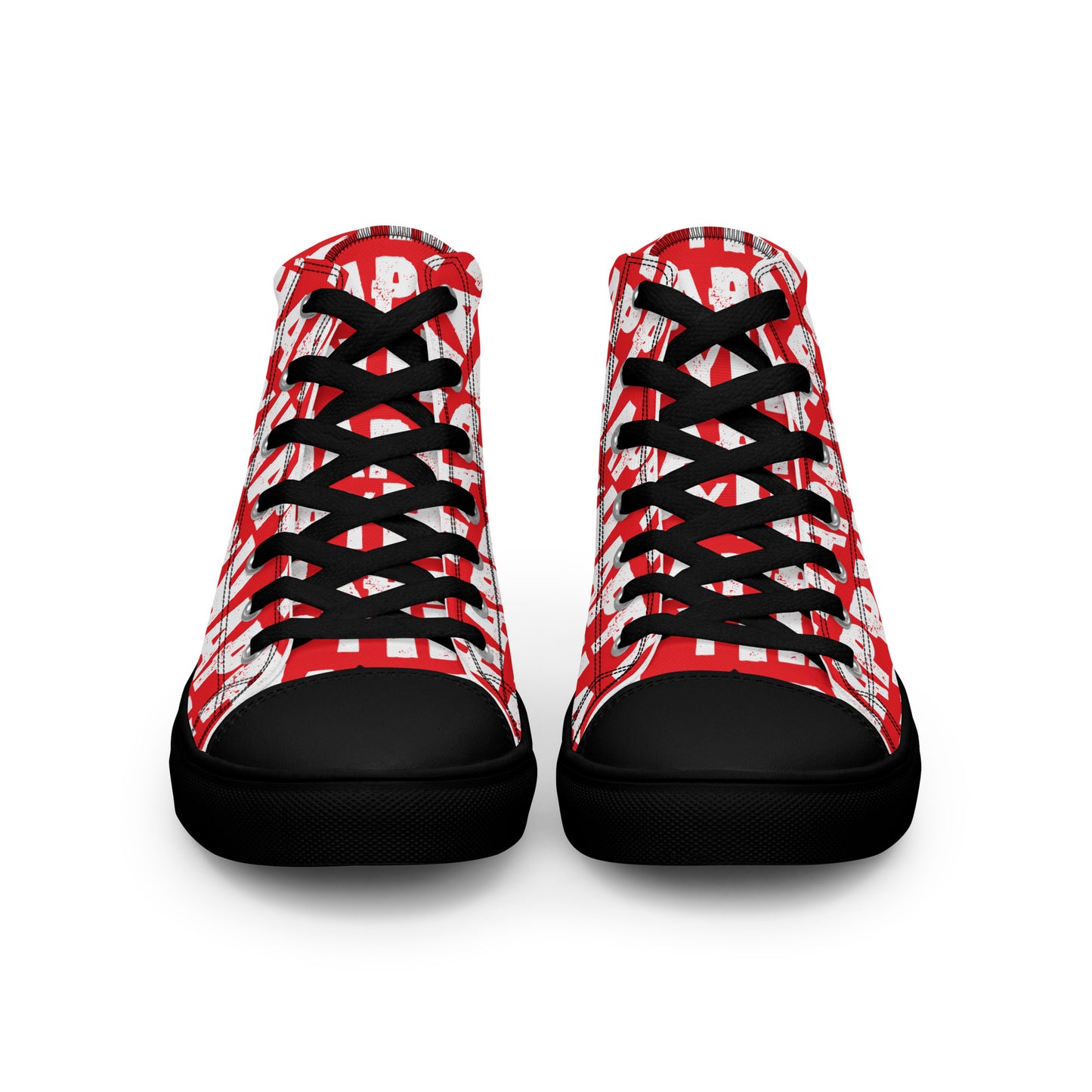 Front view Womens Sneakers red shoes white Happy Sponge Print High Tops black Rubber outsole black Faux Leather toe cap HappyStuff brand