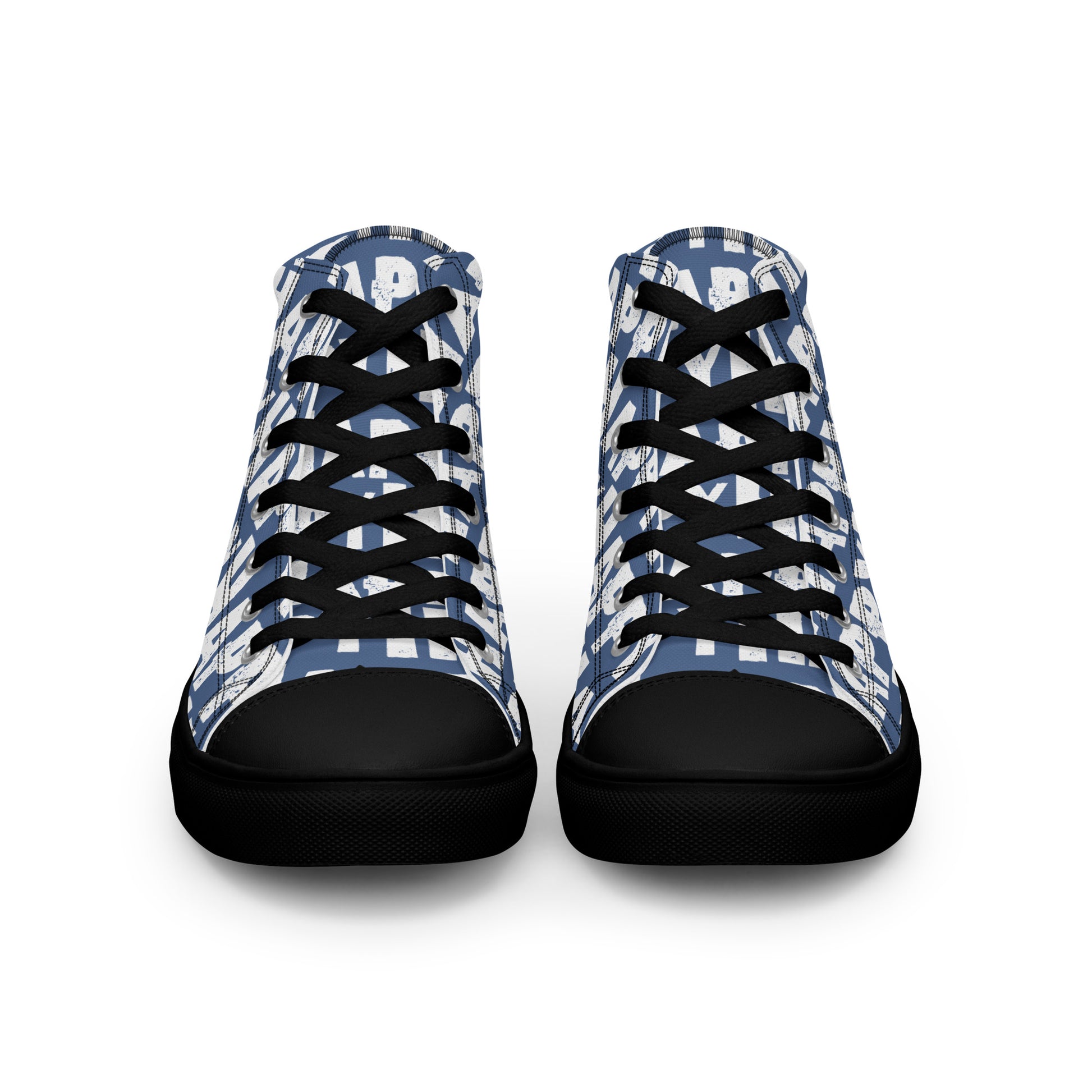 Front view Womens Sneakers denim blue shoes white Happy Sponge Print High Tops black Rubber outsole black Faux Leather toe cap HappyStuff brand