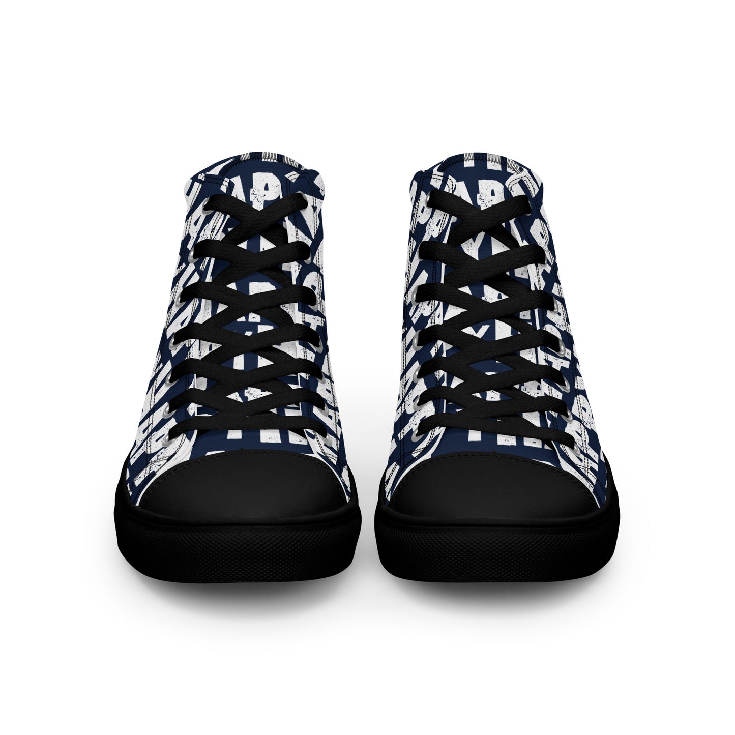 Front view Womens Sneakers navy blue shoes white Happy Sponge Print High Tops black Rubber outsole black Faux Leather toe cap HappyStuff brand