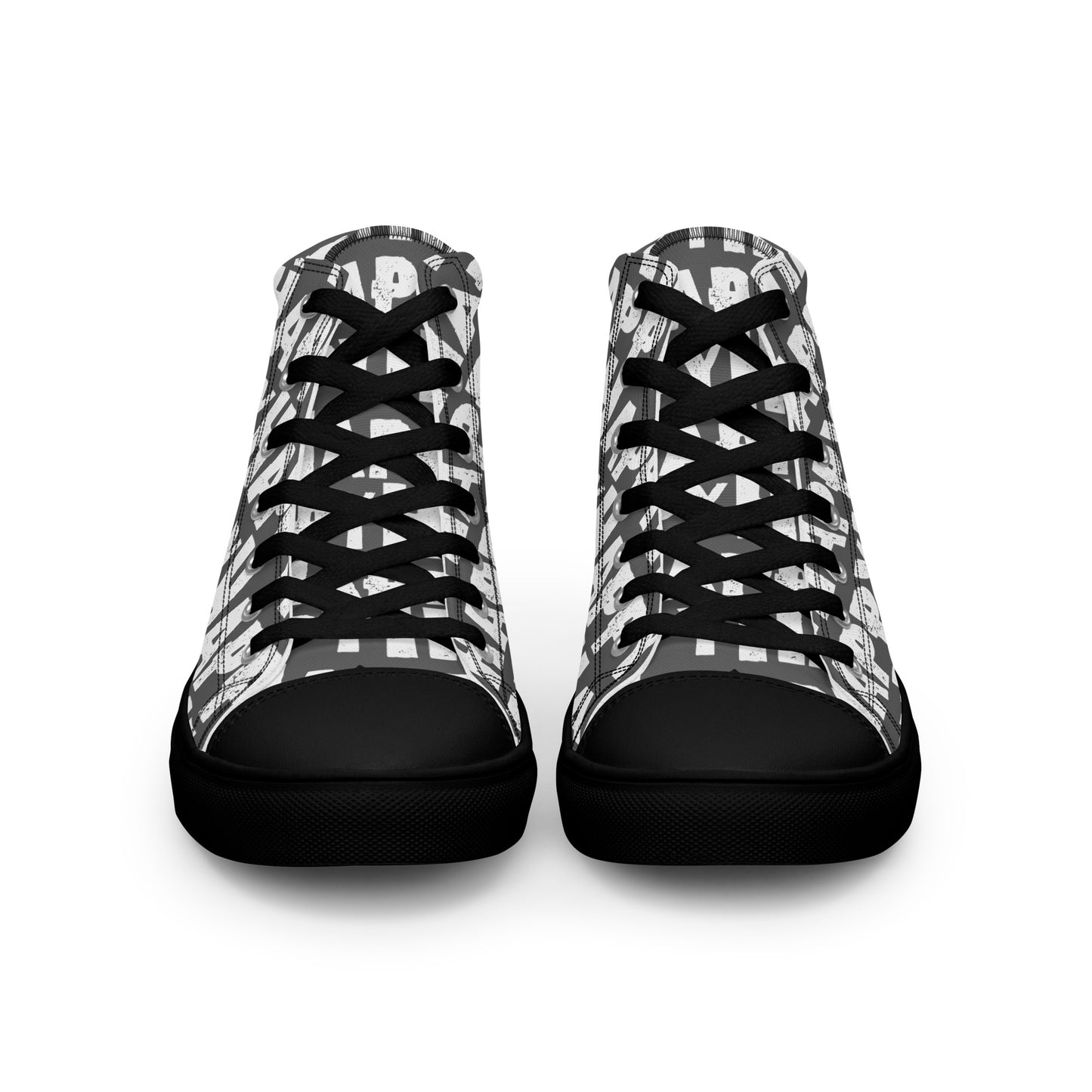 Front view Womens Sneakers slate grey shoes white Happy Sponge Print High Tops black Rubber outsole black Faux Leather toe cap HappyStuff brand