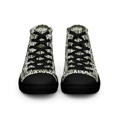 Women's High Tops "Warning This Foot Jiggles When Happy" Painted All Over Canvas Khaki Green Sneakers Black Sole