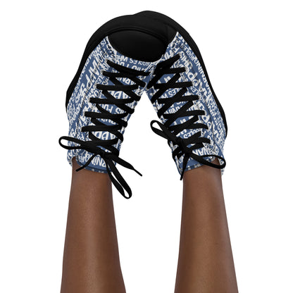 Women's High Tops "Warning This Foot Jiggles When Happy" Painted All Over Canvas Denim Blue Sneakers Black Sole