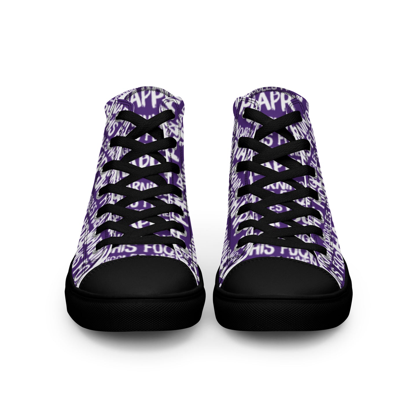 Front view laced up womens sneakers HappyStuff purple high tops with playful white print Warning This Foot Jiggles When Happy black sole