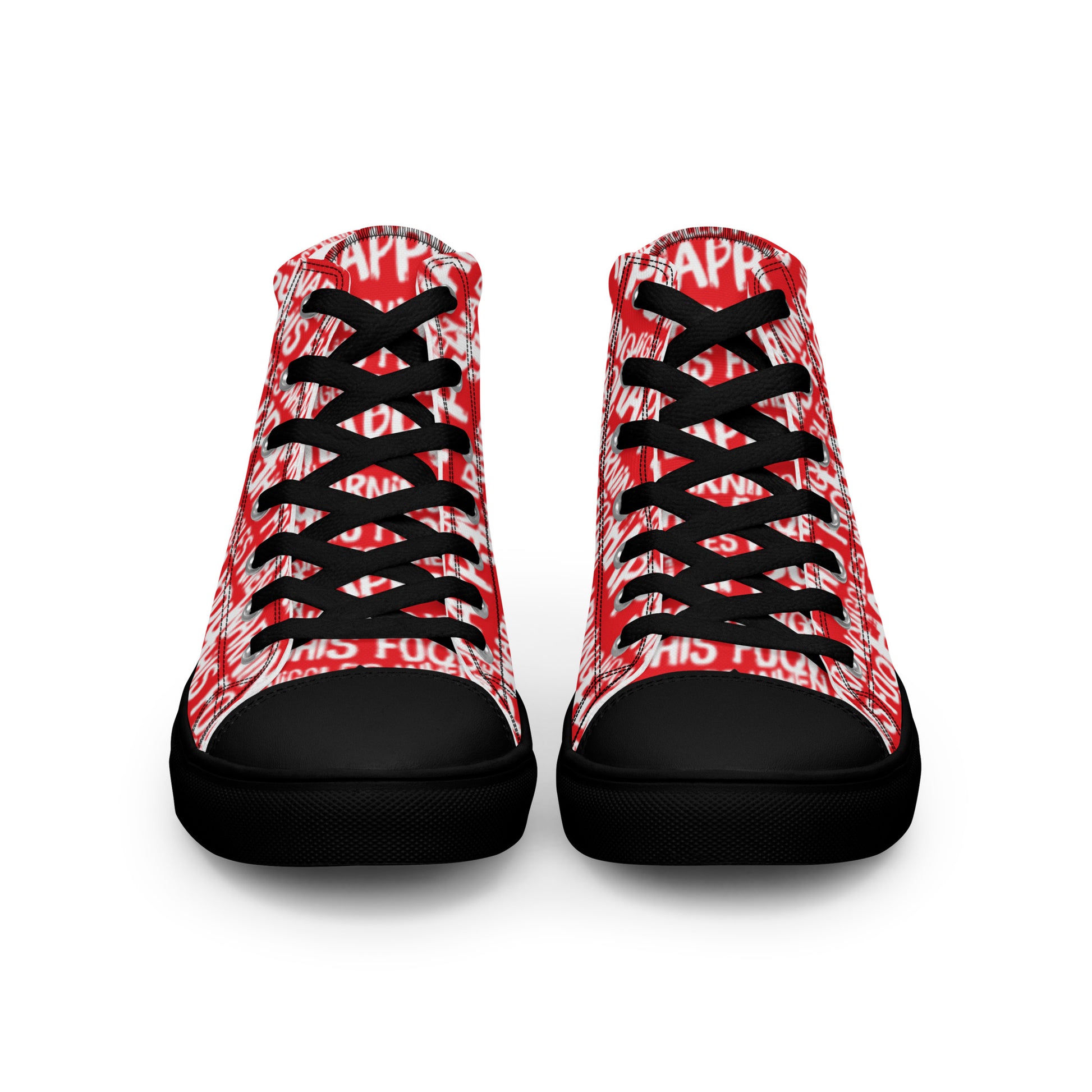 Front view laced up womens sneakers HappyStuff red high tops with playful white print Warning This Foot Jiggles When Happy black sole