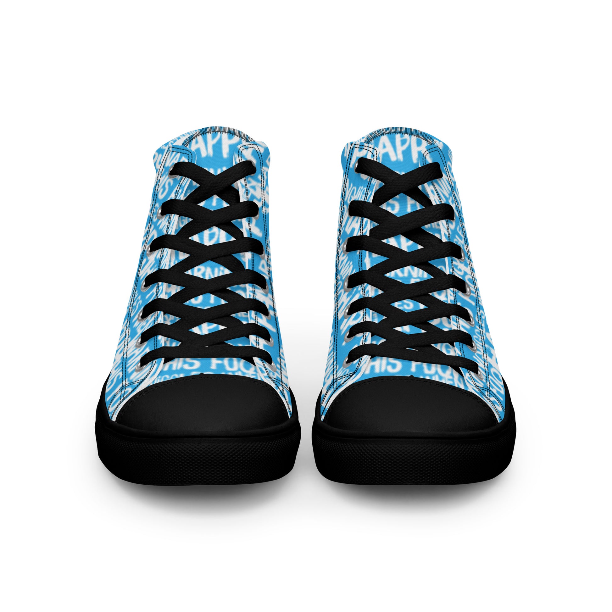 Front view laced up womens sneakers HappyStuff blue high tops with playful white print Warning This Foot Jiggles When Happy black sole