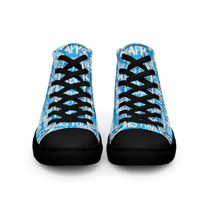 Front view laced up womens sneakers HappyStuff blue high tops with playful white print Warning This Foot Jiggles When Happy black sole