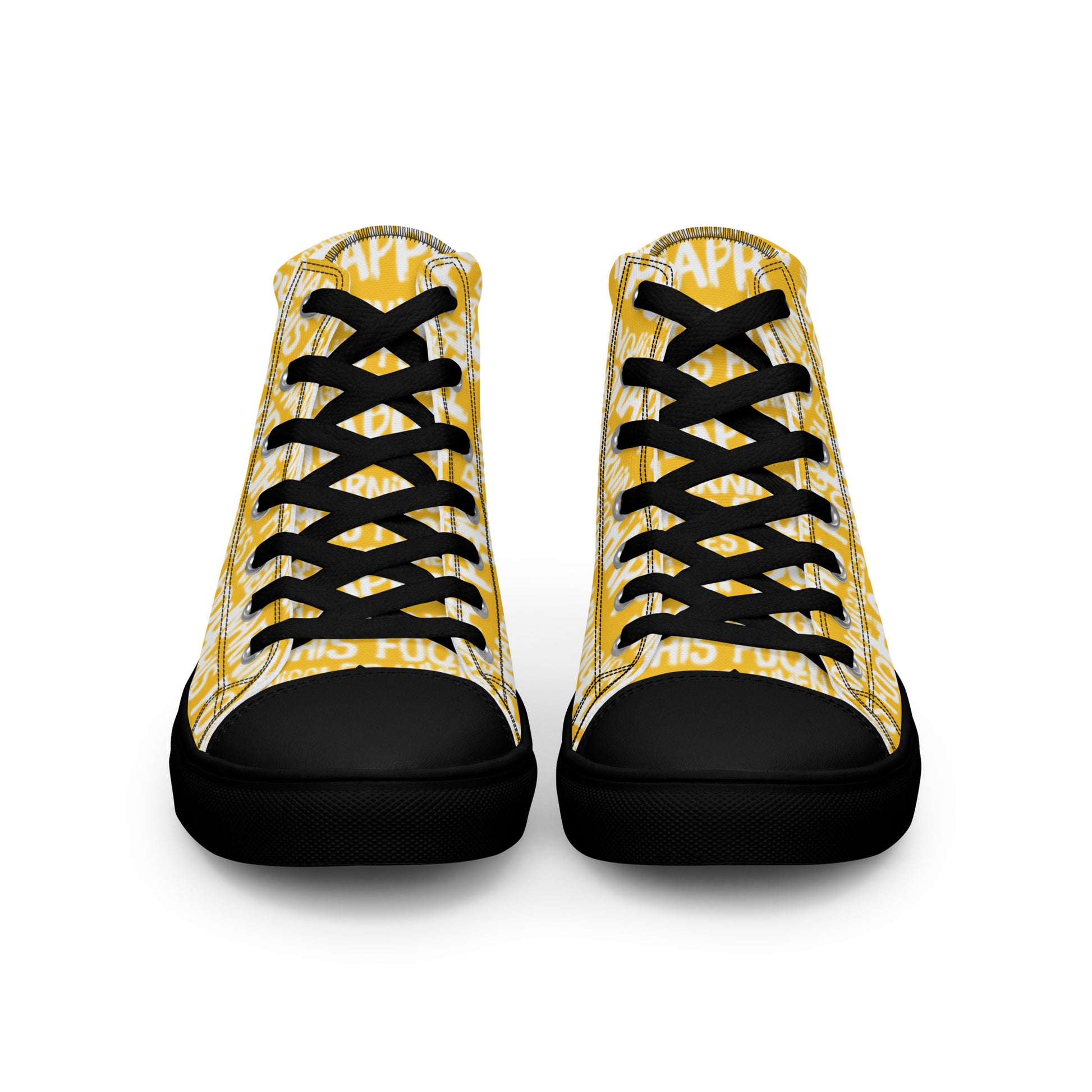 Front view laced up womens sneakers HappyStuff yellow high tops with playful white print Warning This Foot Jiggles When Happy black sole