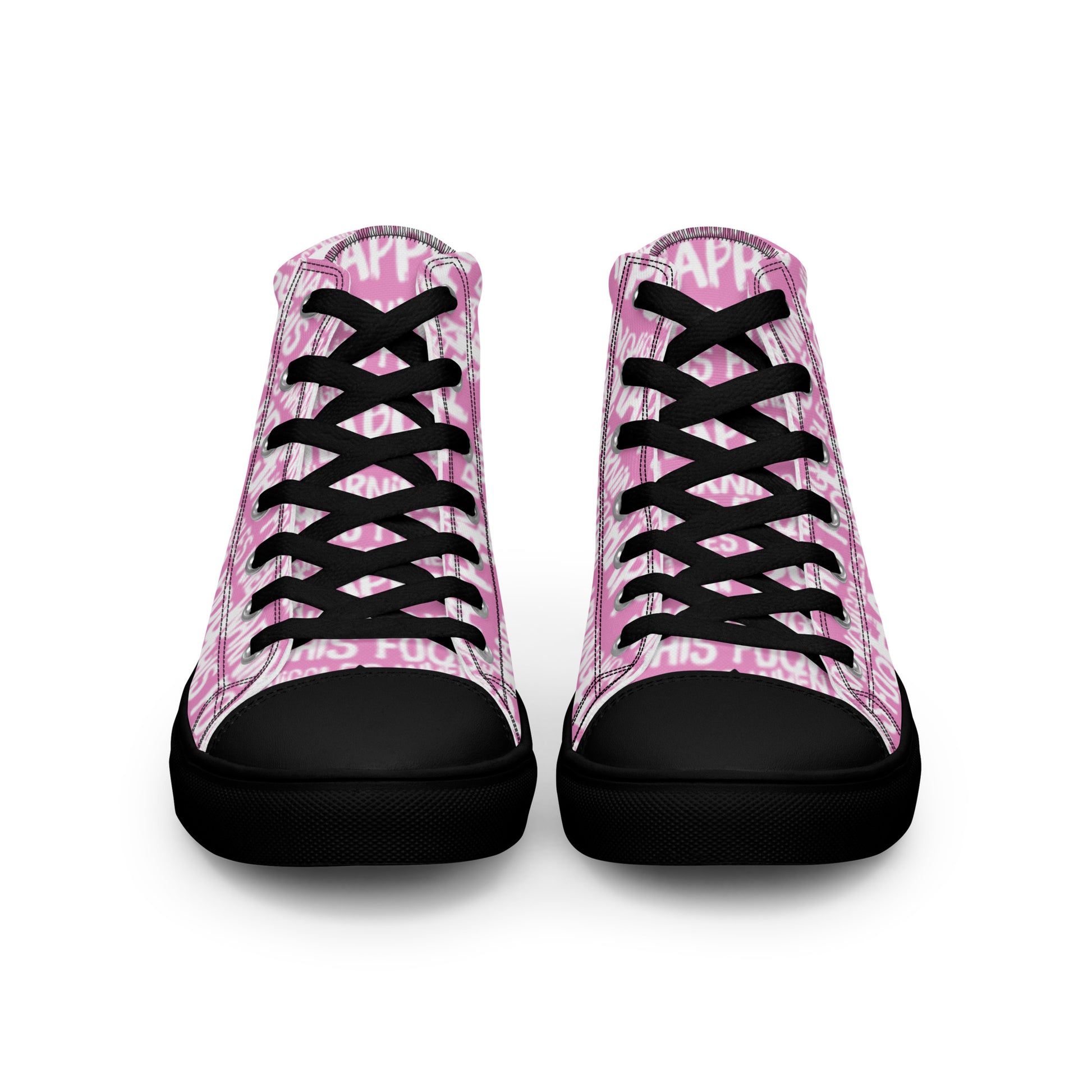 Front view laced up womens sneakers HappyStuff pink high tops with playful white print Warning This Foot Jiggles When Happy black sole