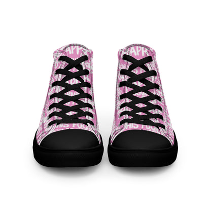 Front view laced up womens sneakers HappyStuff pink high tops with playful white print Warning This Foot Jiggles When Happy black sole