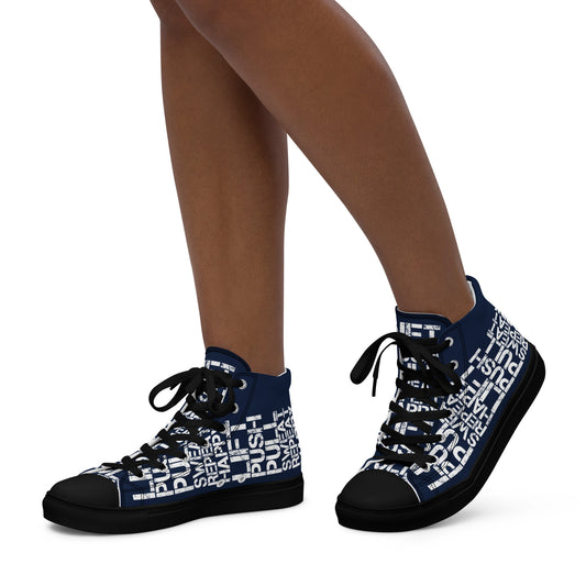 Walking left in womens HappyStuff high tops navy blue canvas sneakers lift push pull sweat repeat happy distress print gym shoe black sole